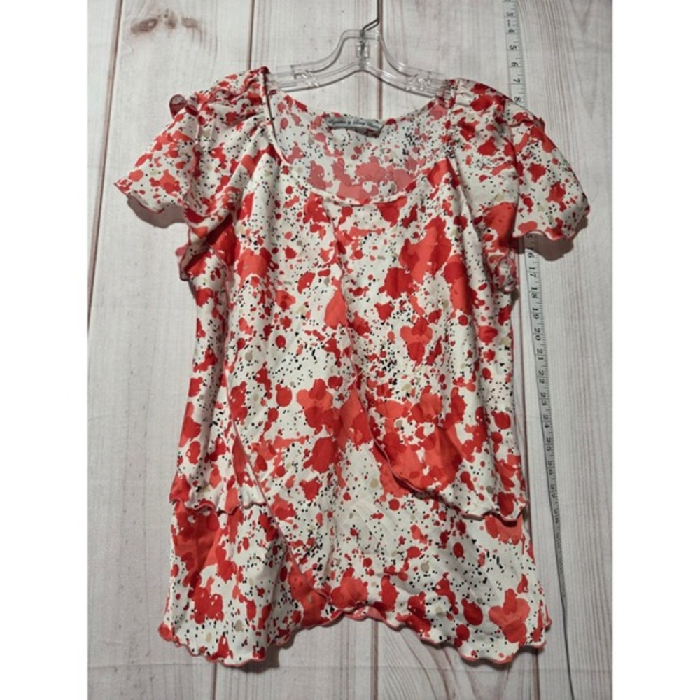 Signature by Larry Levine Red White Splatter Satin‎ Ruffle Blouse Large